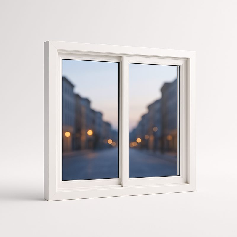 Illustration of a closed white sliding window, the street outside blurred and quiet