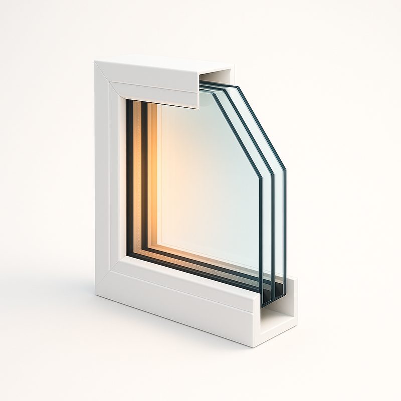 Illustration of a double-glazed window edge, warm light inside and cool light outside
