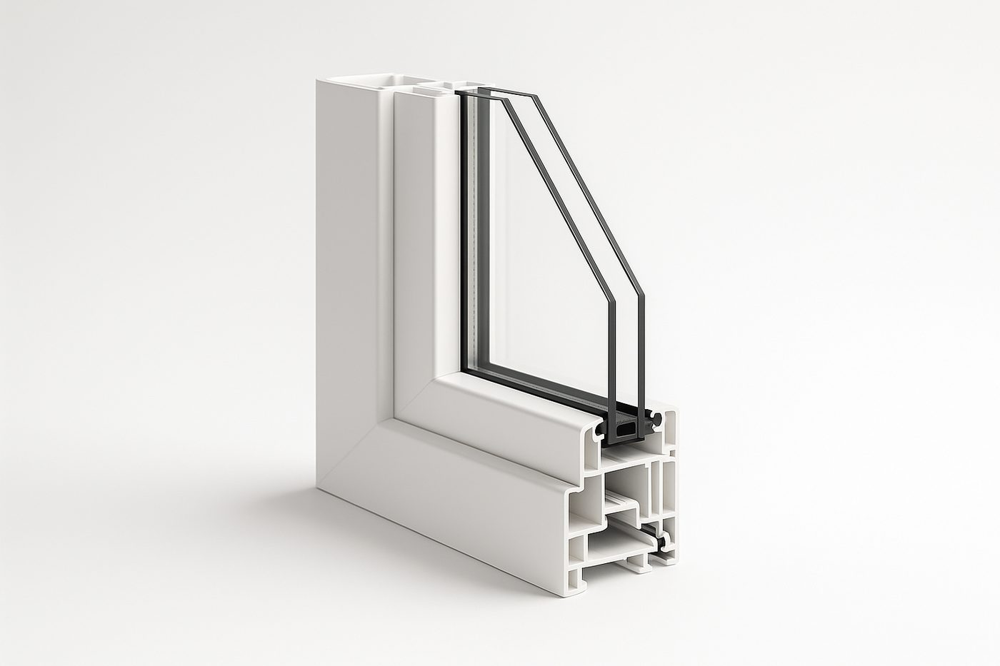 Illustration of a white vinyl window corner cut away to show the multi-chamber frame