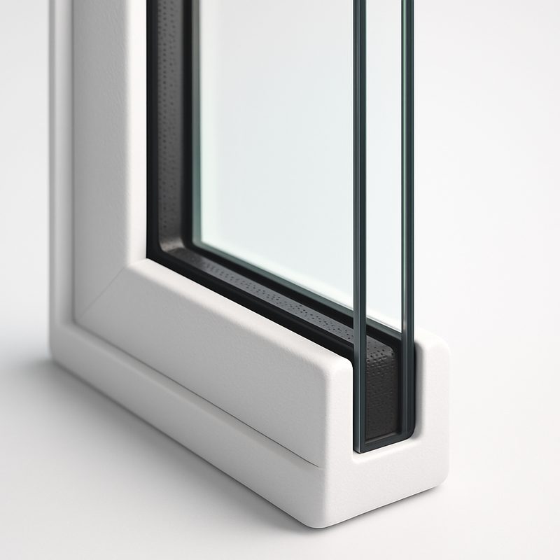 Illustration of the edge of a double-glazed unit, the warm edge spacer between the two panes