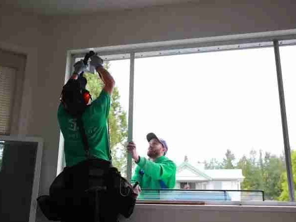 Two SilverLine installers fitting a large new window from inside the house